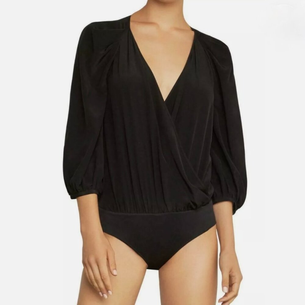 Bcbg Maxazria Pleated Sleeve Crossover Faux Wrap Black Silk Body SZ XS NWT $228
